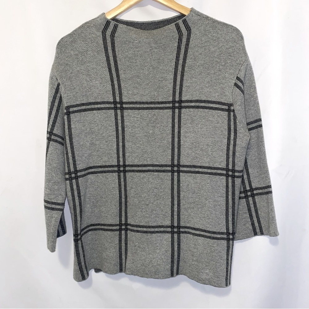 J. Jill Gray and Black Plaid Windowpane Cozy Mock Neck 3/4 Sleeve Sweater Size M